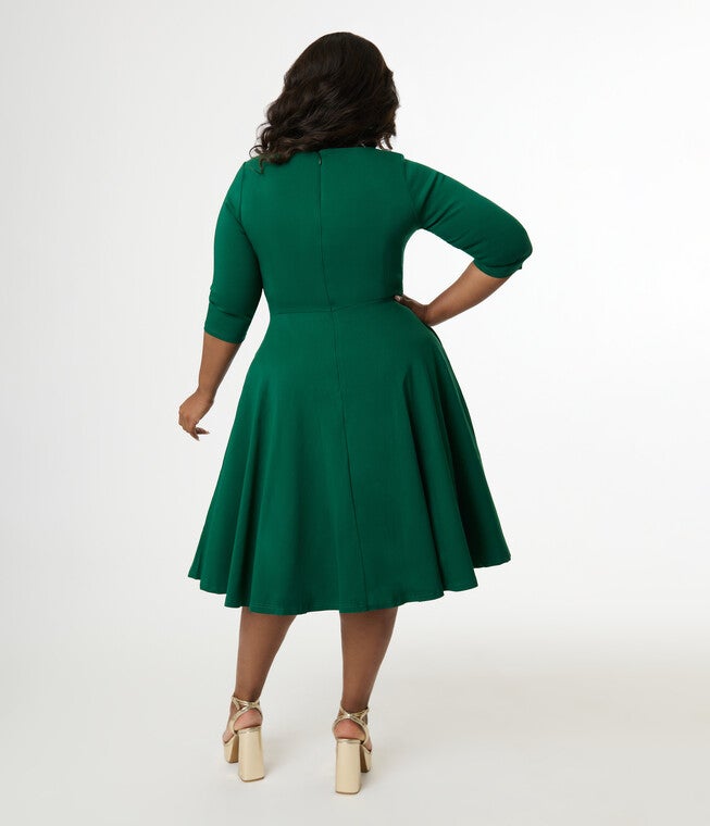 Unique Vintage Plus Size 1950s Ivory Pleated Bust Swing Dress, Kelly Green / Kelly Green, alternate image number 1