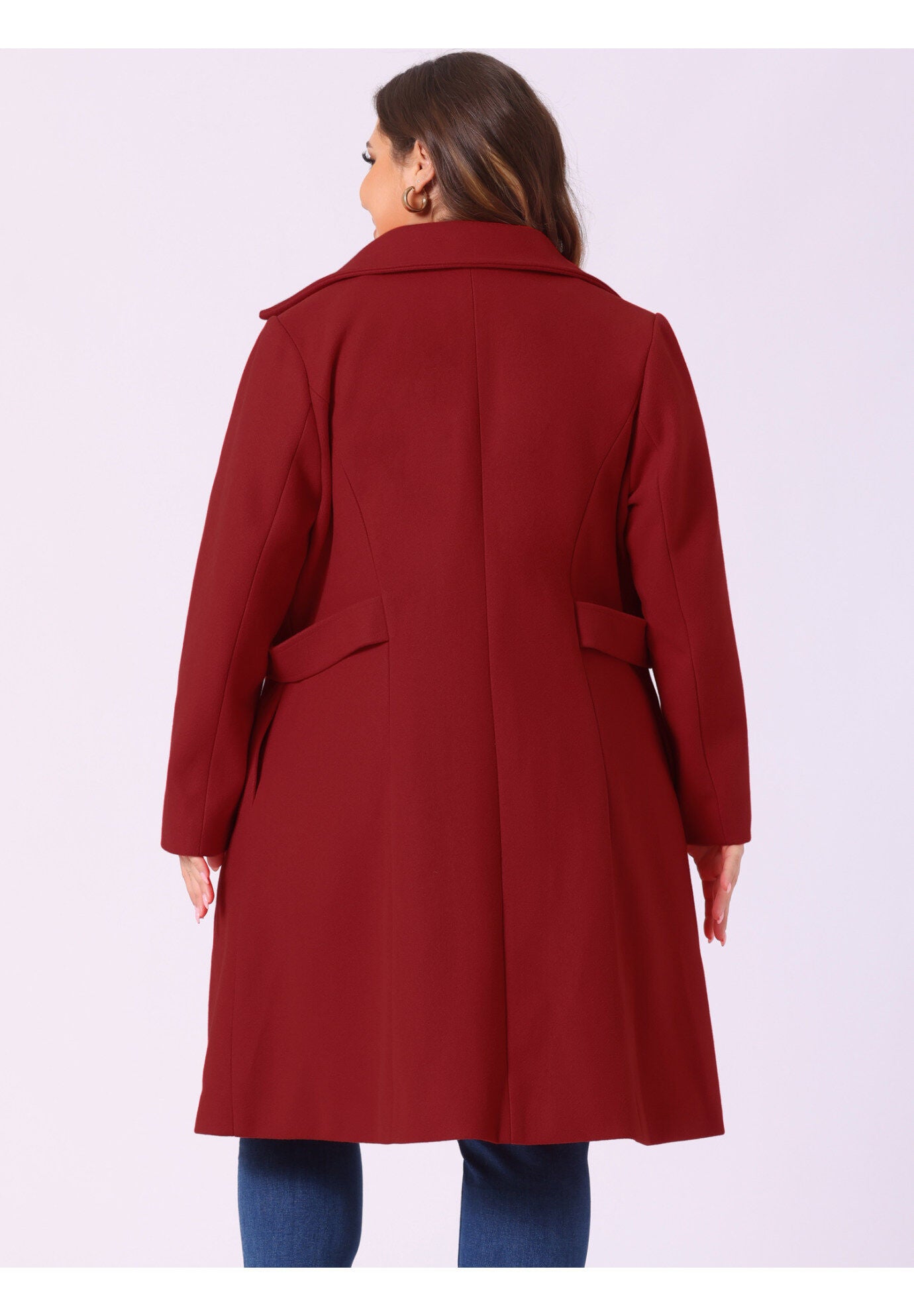 SINGLE BREASTED BELTED WINTER LONG COAT, Dark Red / Red, alternate image number 3