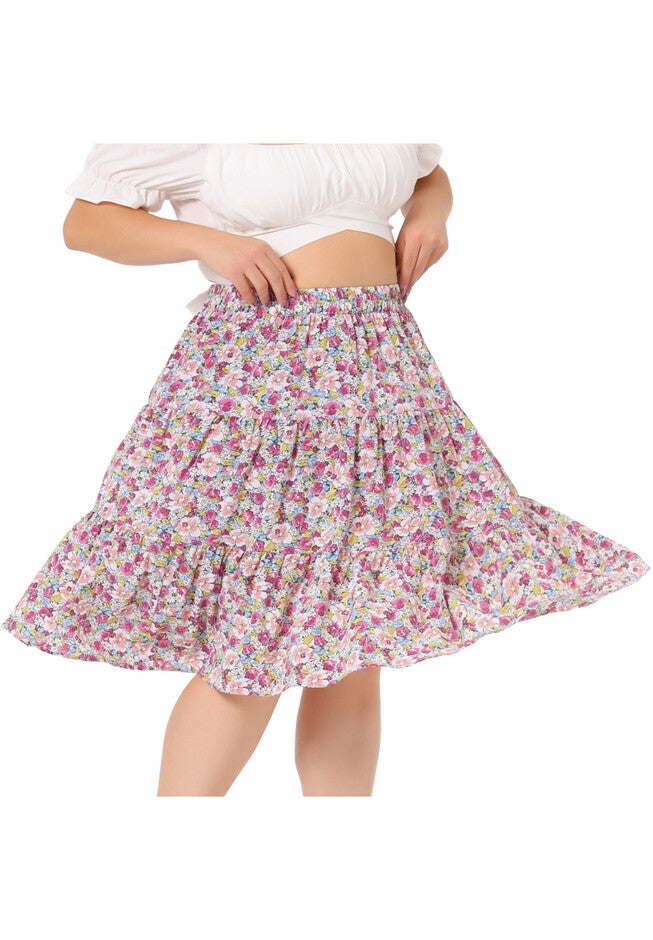 Summer Floral A-Line Stretch High Waist Tiered Skirt, Fuchsia Pink / Deep Fuchsia, alternate image number 1