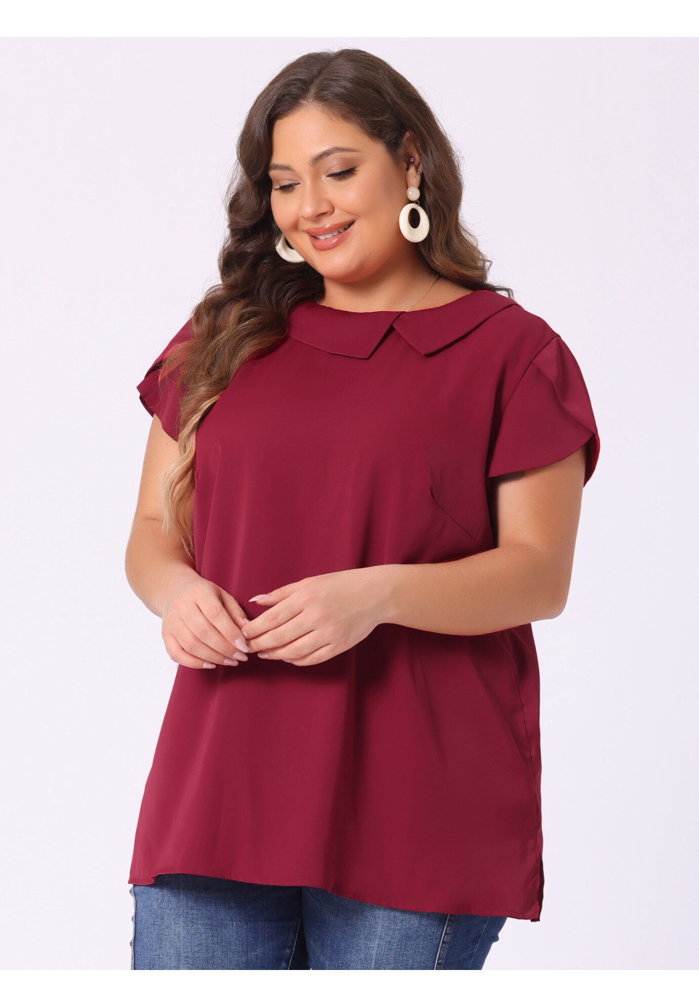 BOAT NECK FLUTTER SLEEVE CHIFFON TOP, Burgundy / Red, alternate image number 1
