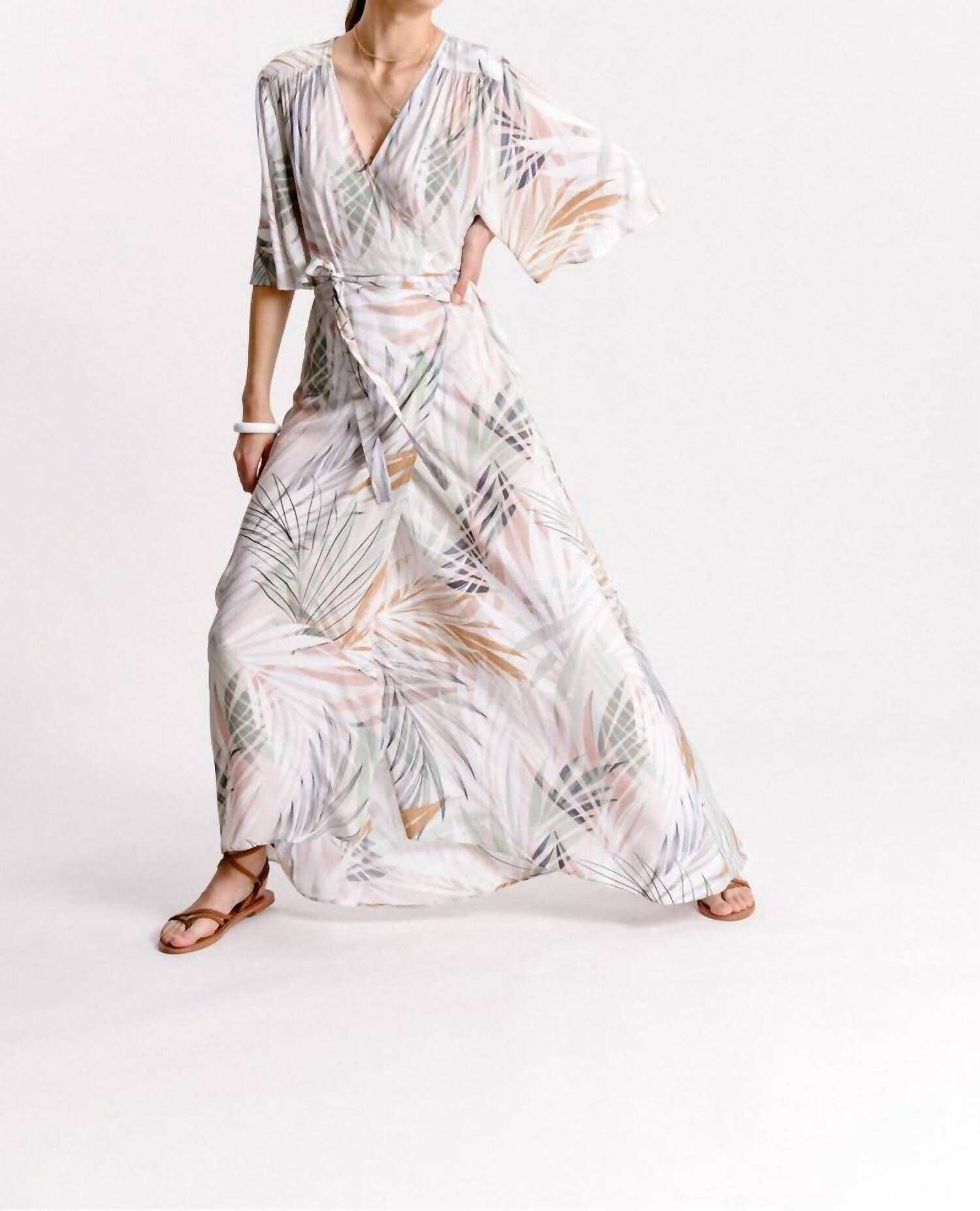 PRINTED SUNSET PALM WRAP DRESS IN BEIGE PALM BEACH, , alternate image number 6