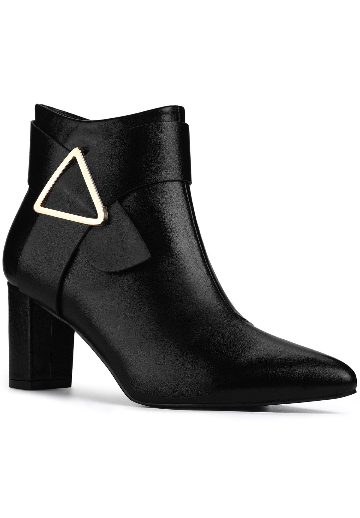 Pointed Toe Triangle Buckle Chunky Heels Ankle Boots, Black / Black, hi-res image number 0
