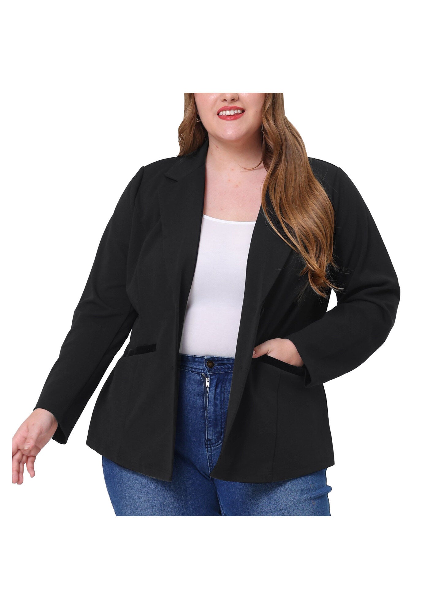 NOTCHED LAPEL V NECK WORK SUIT BLAZER, Black / Black, alternate image number 1