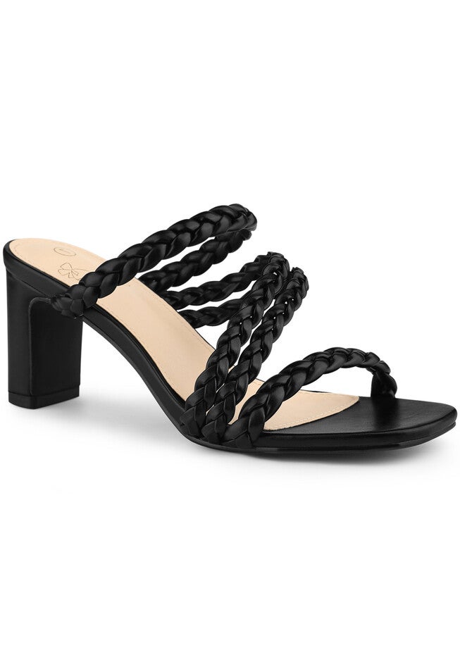 Braided Heeled Square Toe Chunky Heels Slide Sandals, Black / Black, hi-res image number null