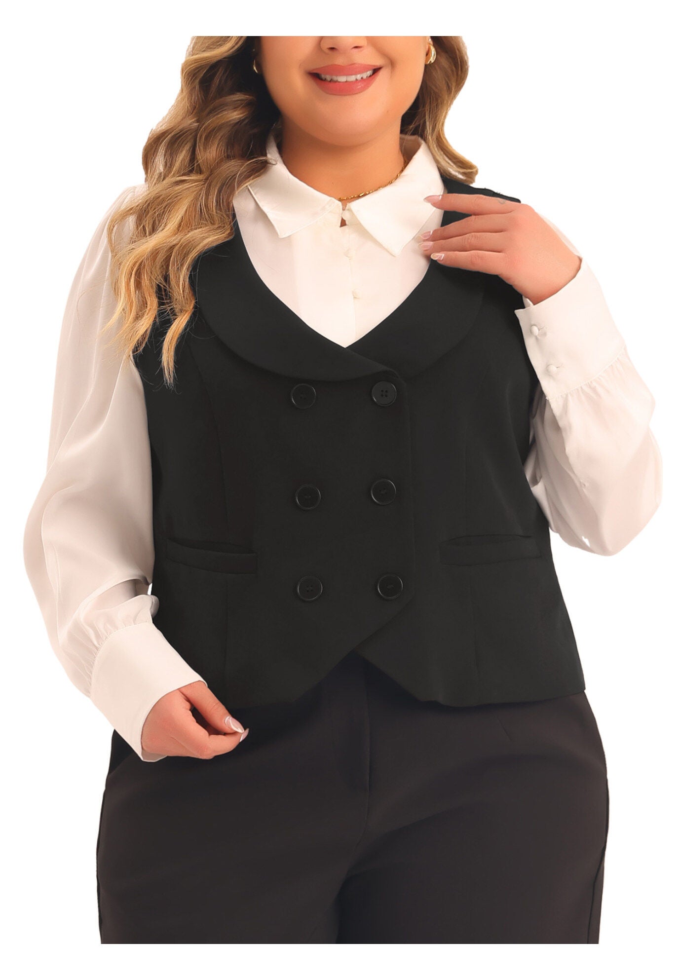 DOUBLE BREASTED LAPEL COLLAR DRESSY WAISTCOAT SUIT VEST, Black / Black, alternate image number 2