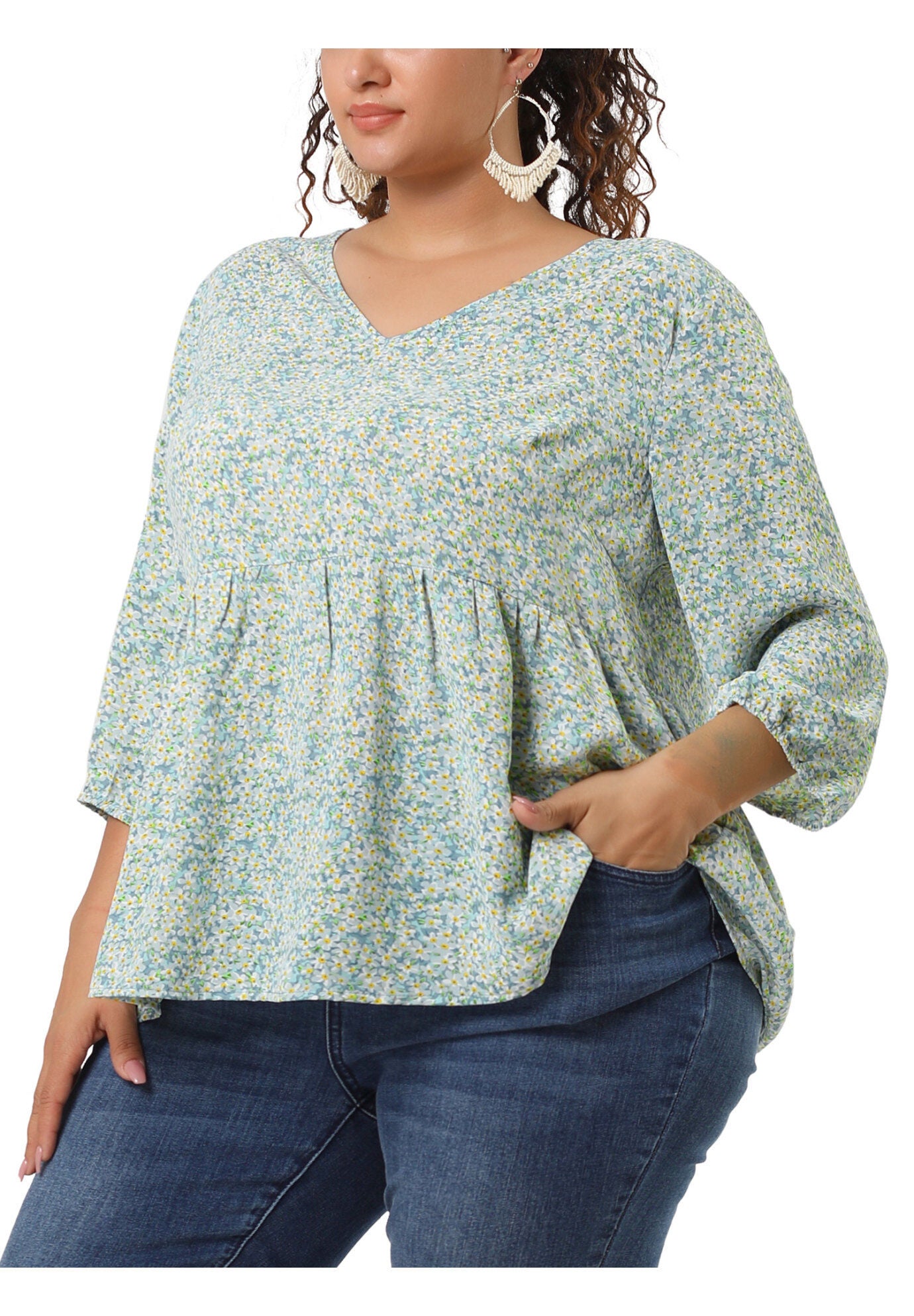 V Neck Babydoll Flowy 3/4 Lantern Sleeve Floral Blouse, Light Blue / Light Blue, alternate image number 3