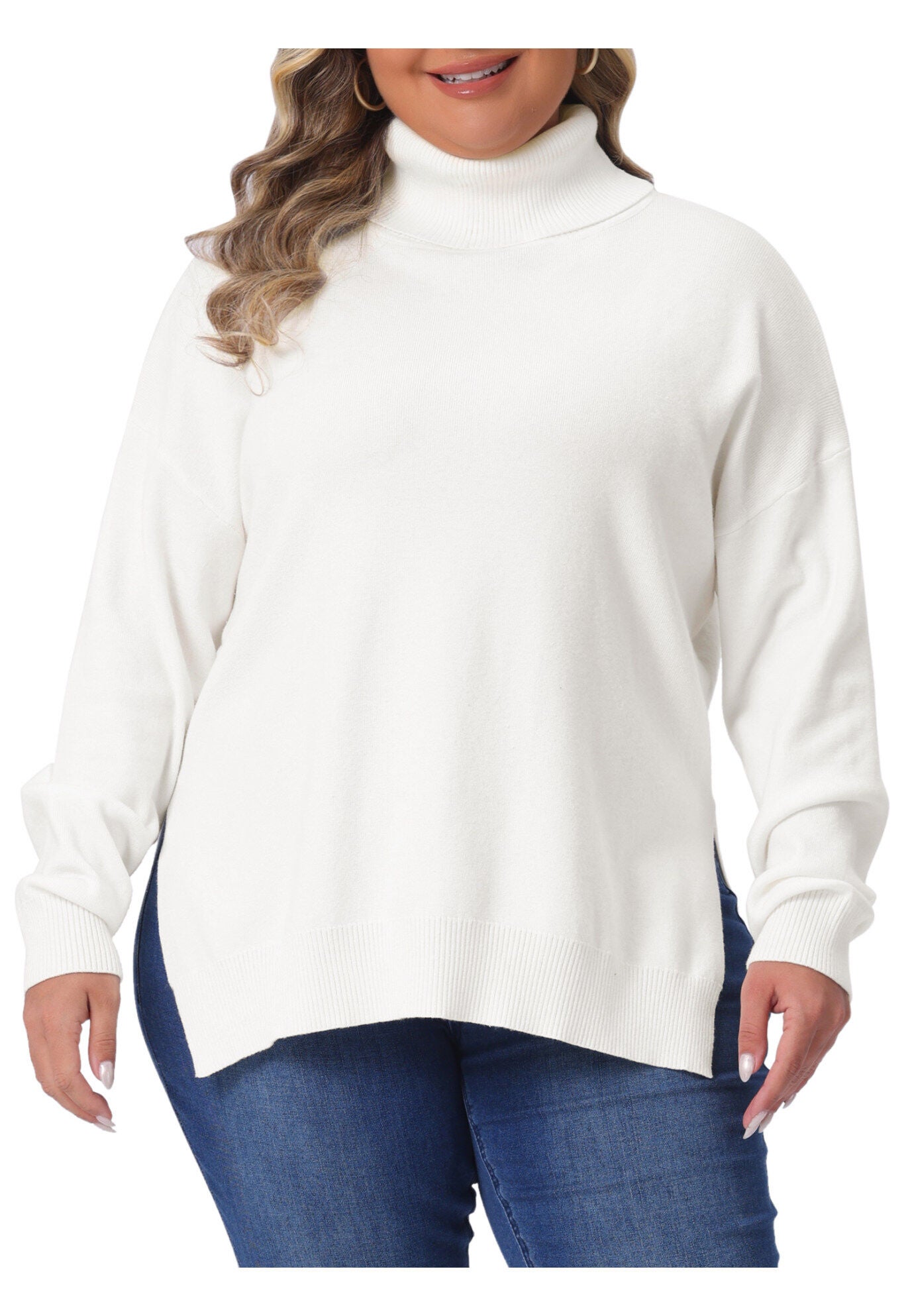 Turtle Neck Side Slit Casual Pullover Knit Top, White / White, alternate image number 2