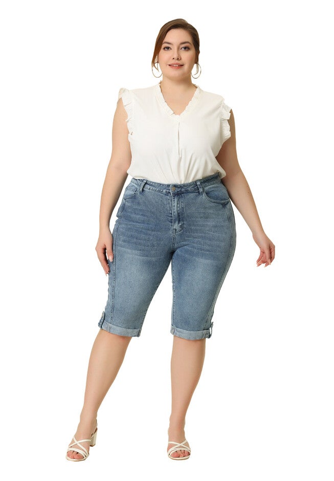 MID-RISE CURVY STRETCH SKINNY JEANS DENIM CAPRIS, Gray Blue / Dusty Blue, hi-res image number 0