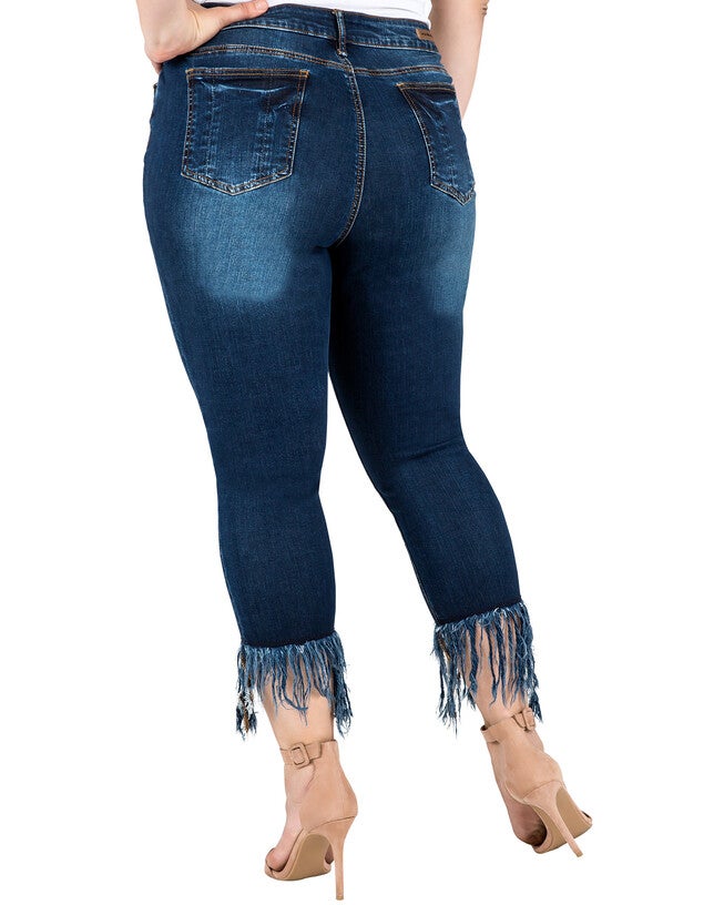 Plus Size Laura Fringe Frayed Hem Distressed Indigo Stretch Jeans, Blue / Medium Wash, alternate image number 2