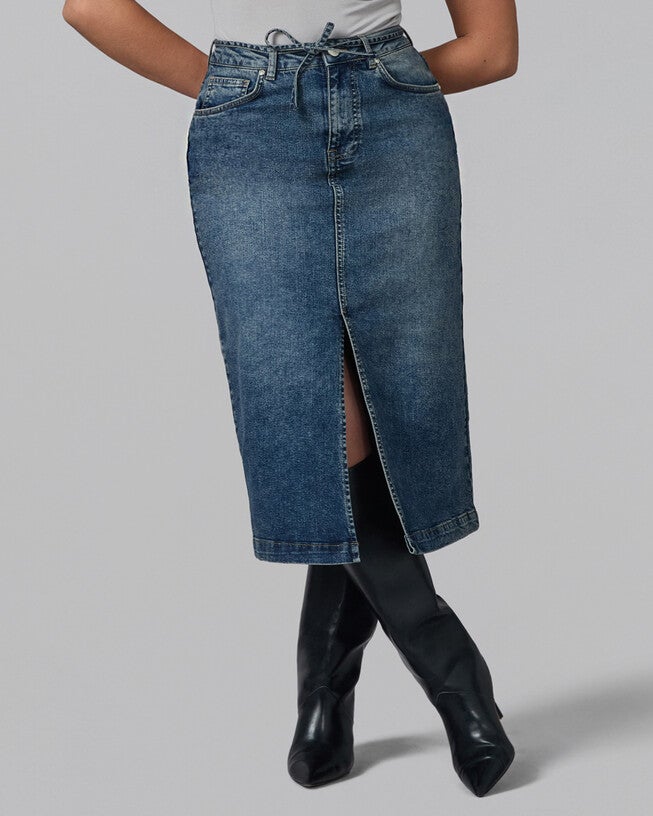 HALSTON-FN High Rise Denim Skirt, Film Noir / Navy, hi-res image number 0