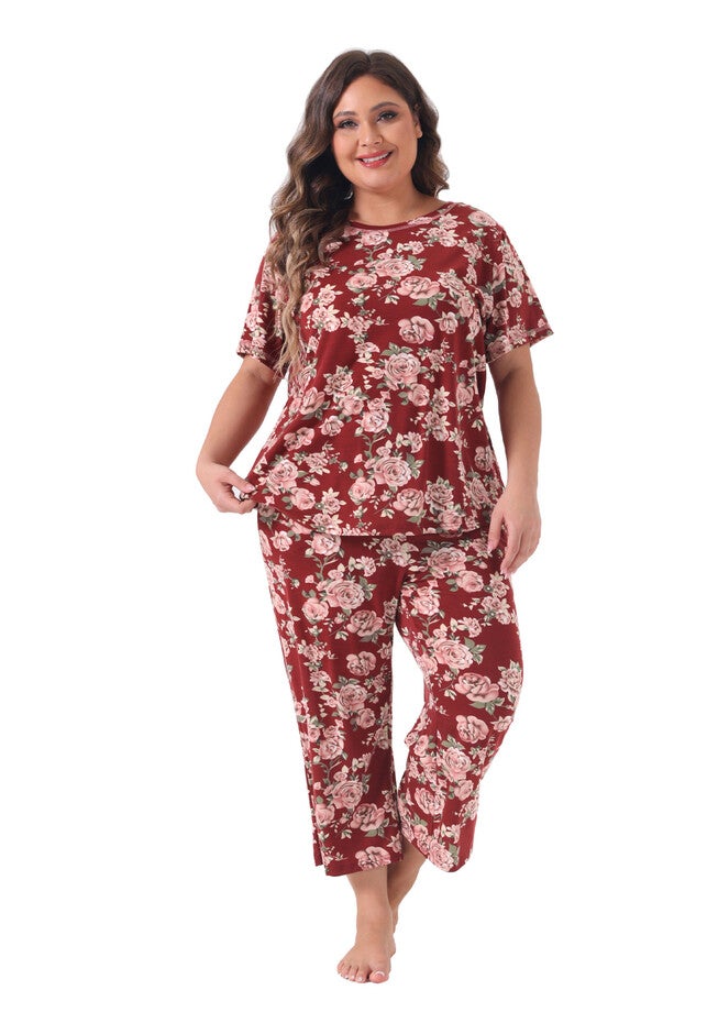 Short Sleeve Sleepwear Soft Lounge Set, Burgundy / Burgundy, hi-res image number 0