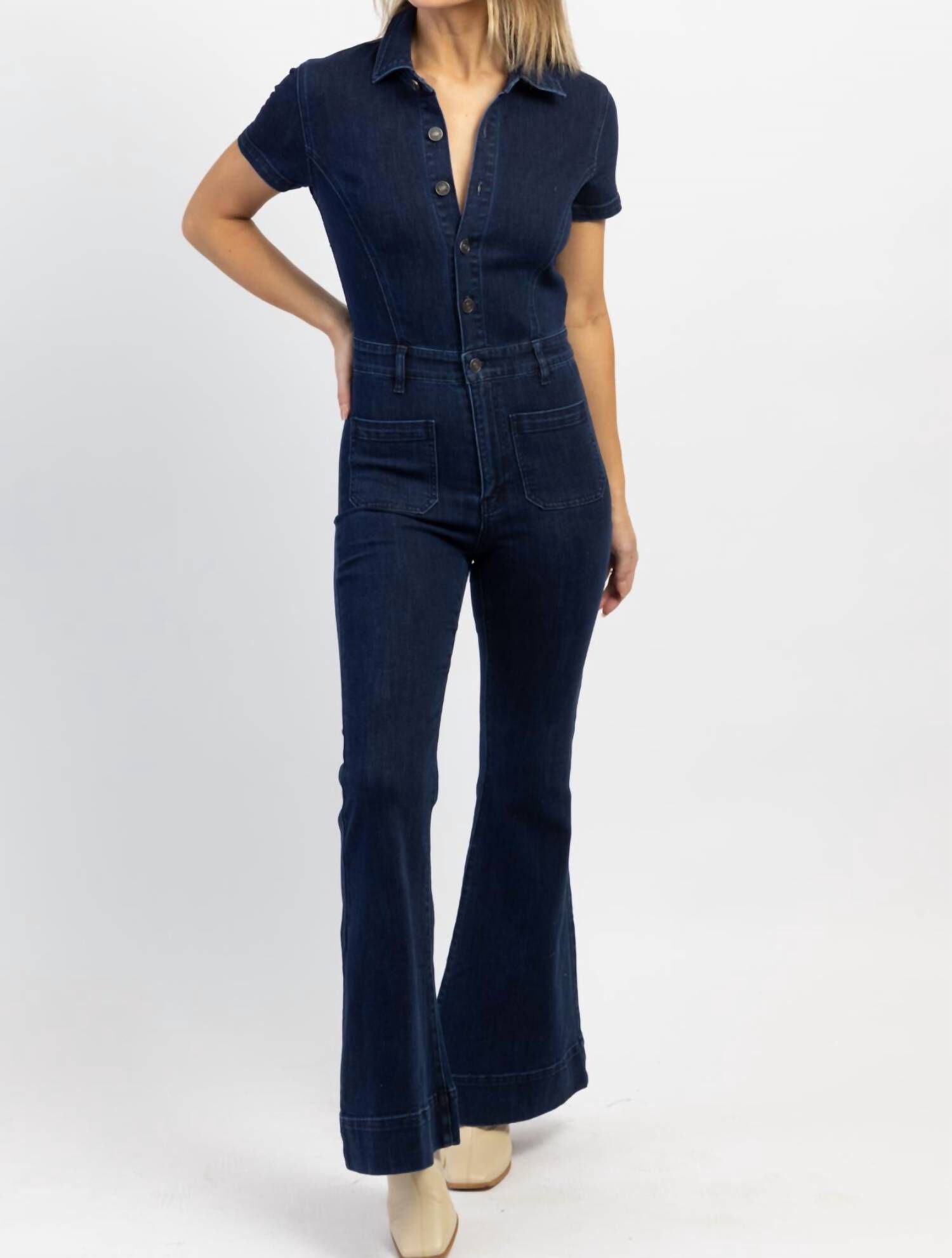 Good Karma Denim Flare Jumpsuit In Blue, , alternate image number 3