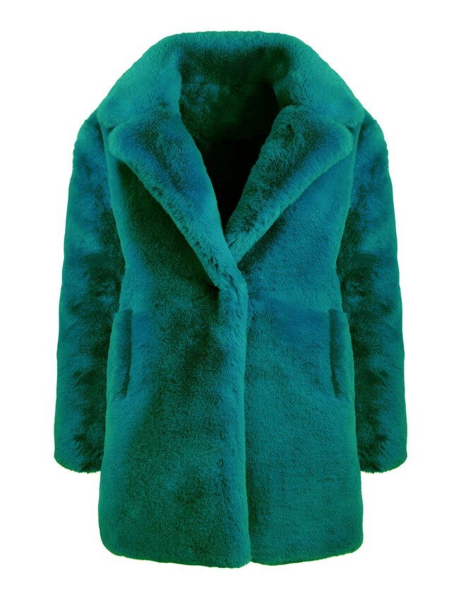 Green Faux Fur Teddy Coat, Green / Hunter Green, alternate image number 1