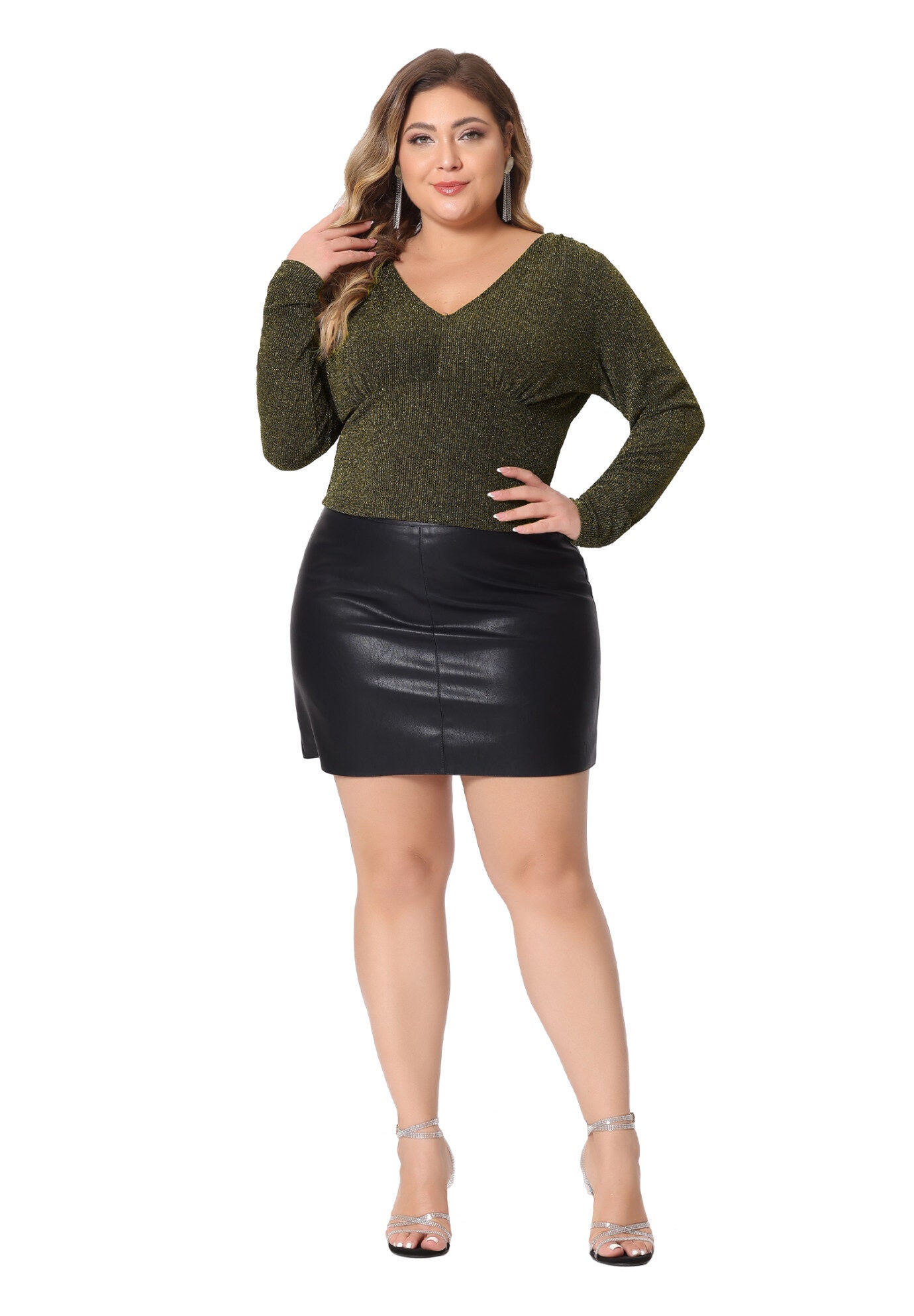 Metallic V Neck Long Sleeve T-Shirt Glitter Top, Gold / Gold, hi-res image number 0