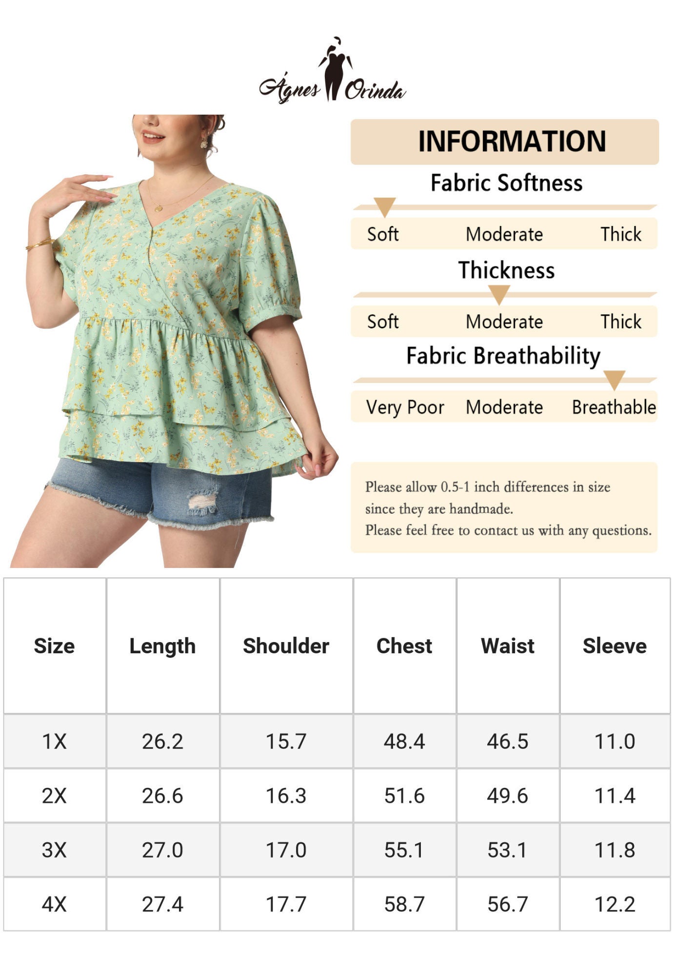 V Neck Short Sleeve Layered Peplum Top Summer Floral Blouse, Green / Light Green, alternate image number 4