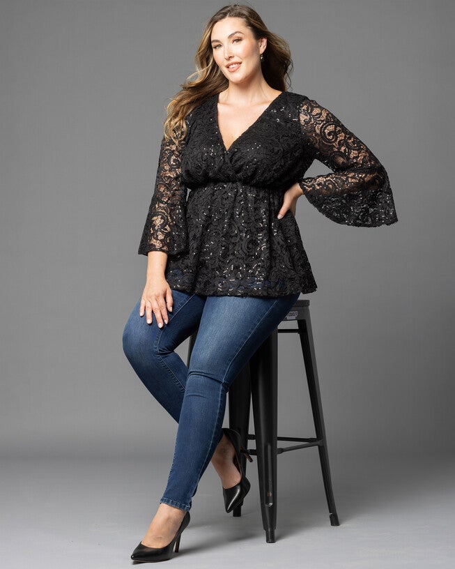 Sequin Sparkle Bell Sleeve Lace Top, , alternate image number null