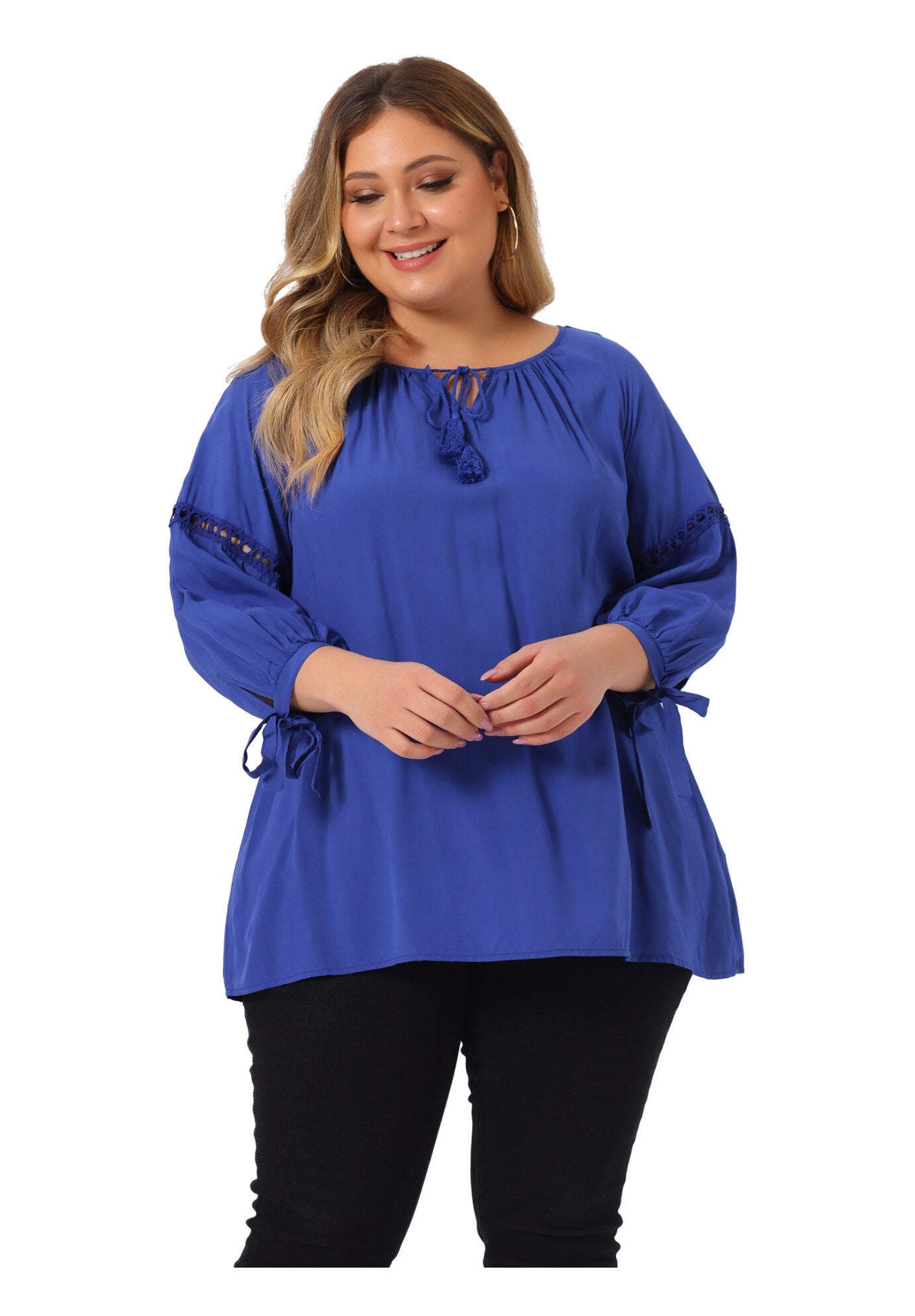 RAGLAN SLEEVES HOLLOW OUT TIE NECK PEASANT TOP, Royal Blue / Royal Blue, alternate image number 1