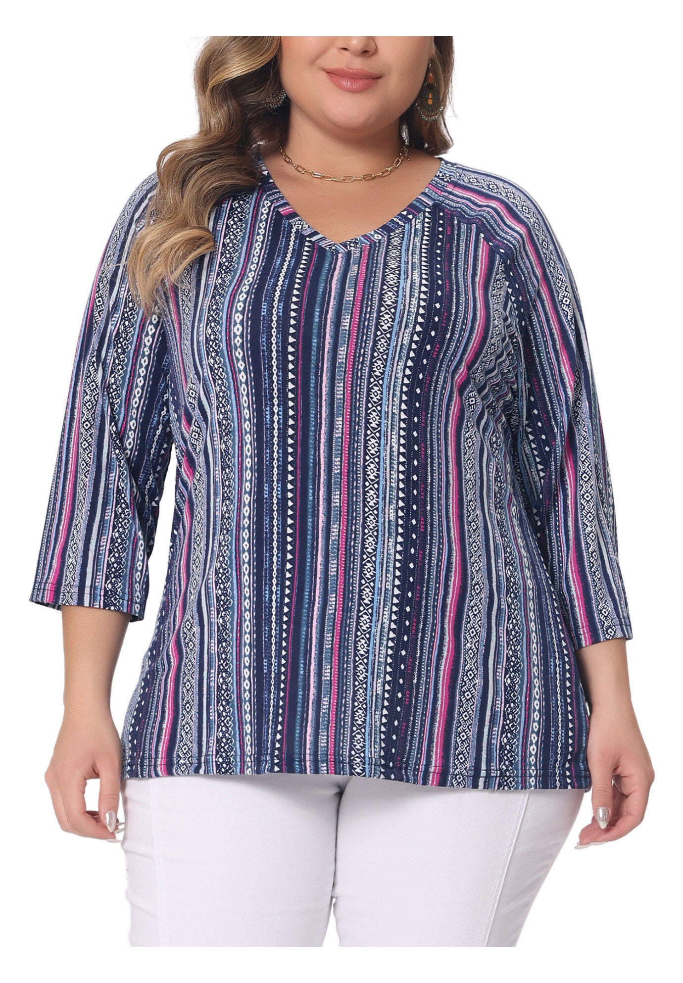 3/4 Sleeve Knit Blouse Tee Stripe Boho Top, Navy Blue / Navy, alternate image number 2