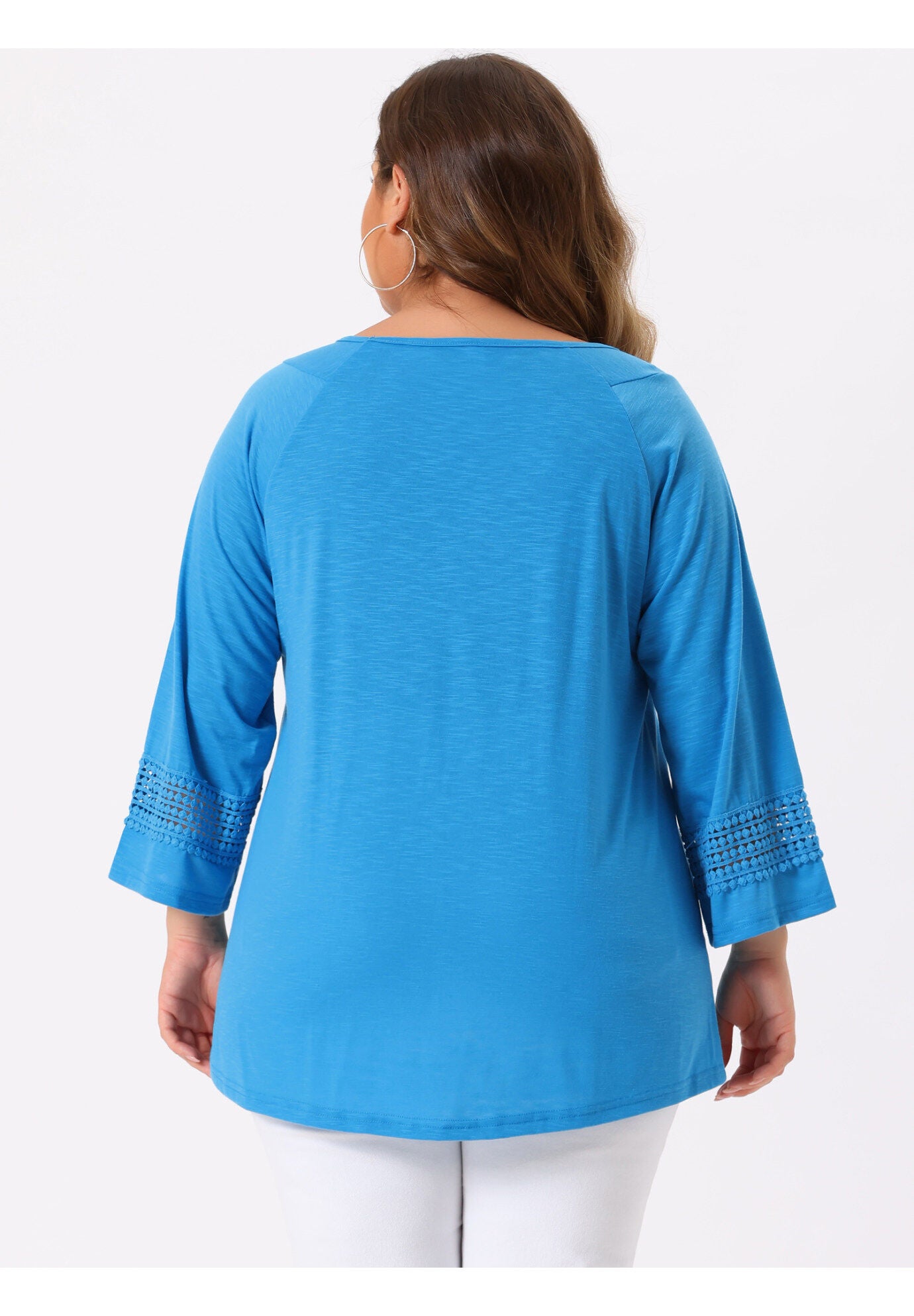 CROCHET PANEL HOLLOW OUT PLEATED TUNICS BLOUSE TOP, Sky Blue / Light Blue, alternate image number 2