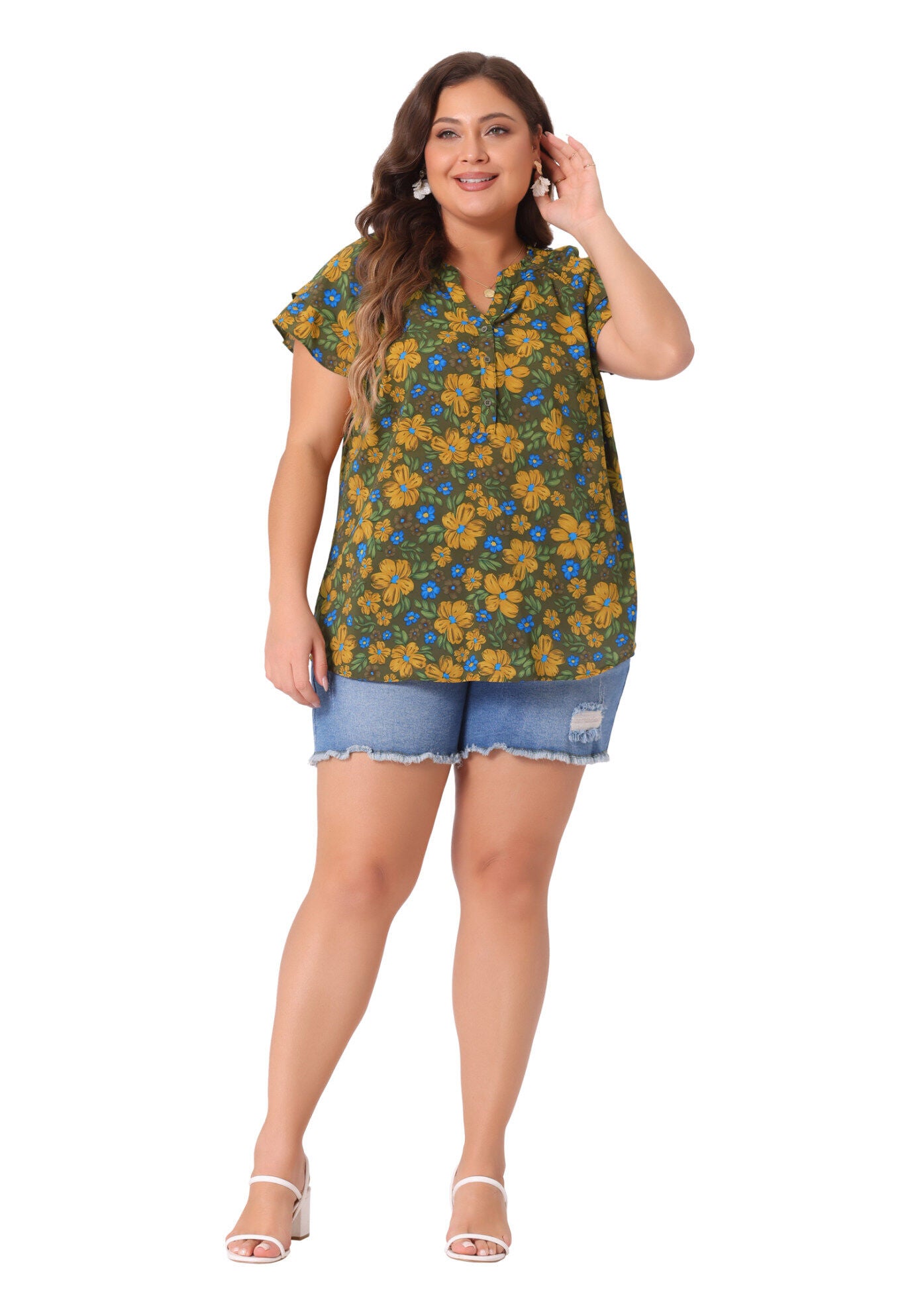 Floral Ruffle Trim V Neck Layered Sleeve Blouse, Army Green / Olive Green, hi-res image number 0