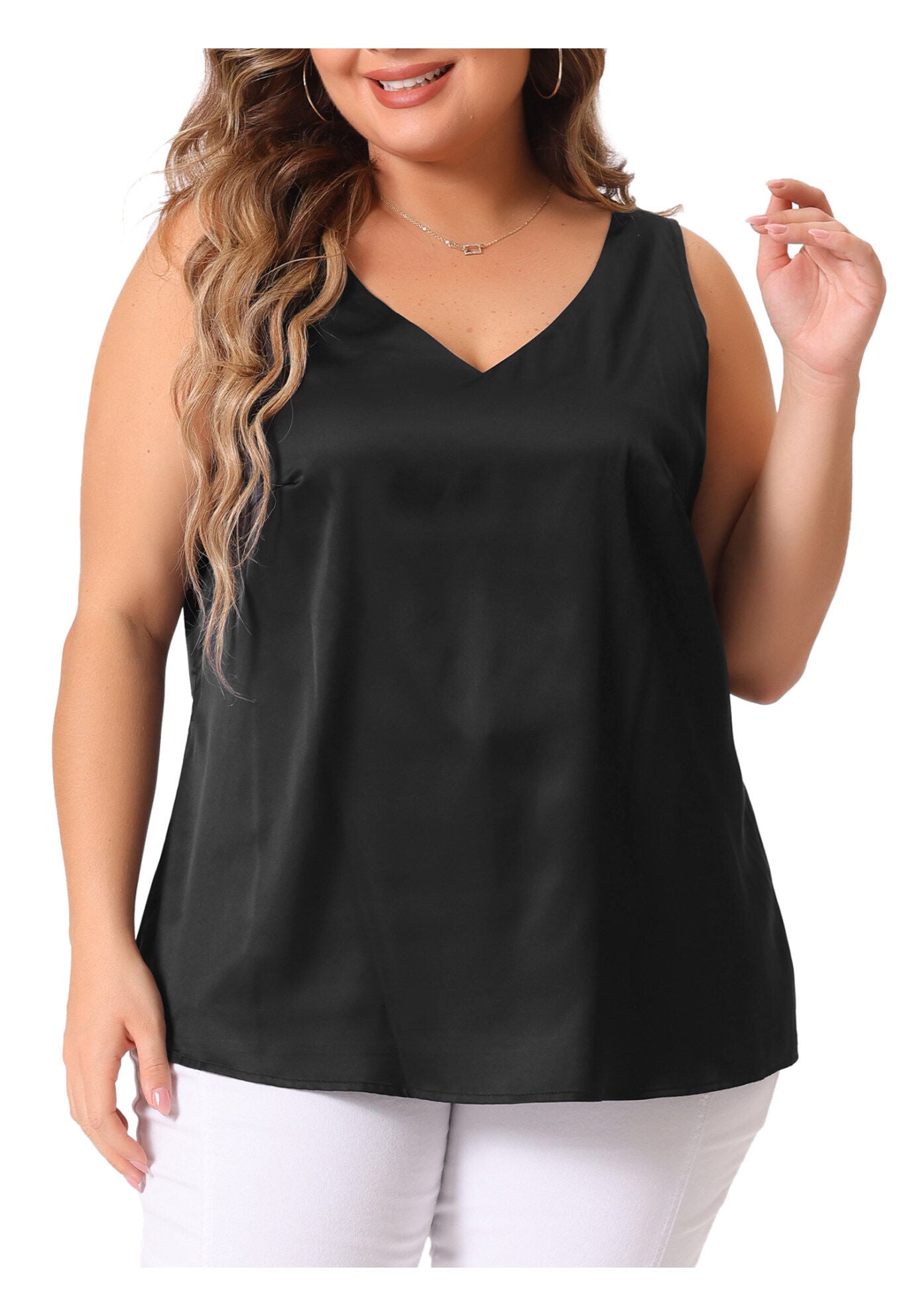 Satin Tank Top V Neck Casual Sleeveless Cami, Black / Black, alternate image number 2