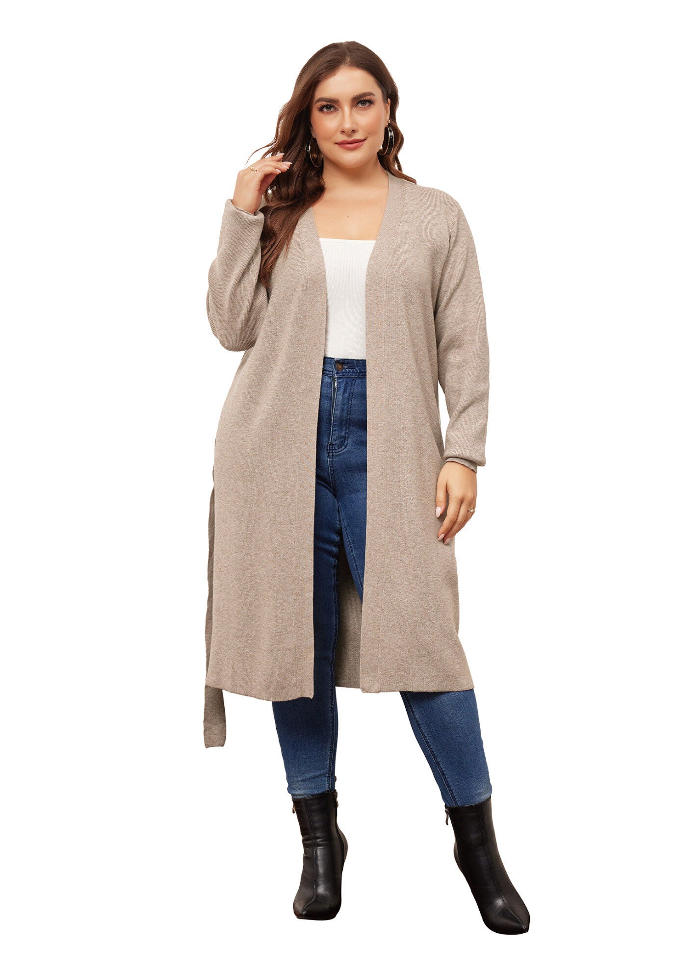 KNIT SWEATER BELTED OVERWEAR LONG CARDIGAN, Khaki / Beige, hi-res image number 0