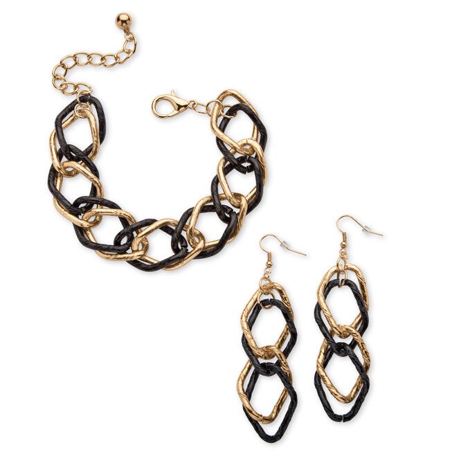 Double Curb-Link Bracelet and Drop Earrings Set in Goldtone and Black Ruthenium, Black / Black, hi-res image number 0
