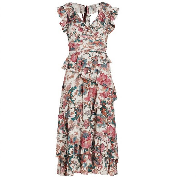 SALOME FLUTTER SLEEVE LUREX MIDI DRESS IN LILLIE WHITE PRINT, , alternate image number null