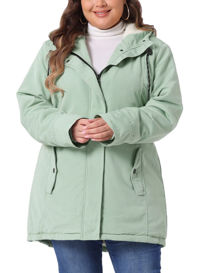 Faux Lamb Fur Leather Button Down Hoodie Parka Coat, Green / Light Green, alternate image number 1