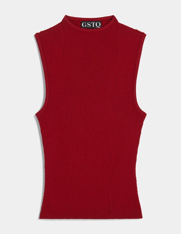 Sleevless Ribbed Turtleneck, Berry / Red, hi-res image number 0
