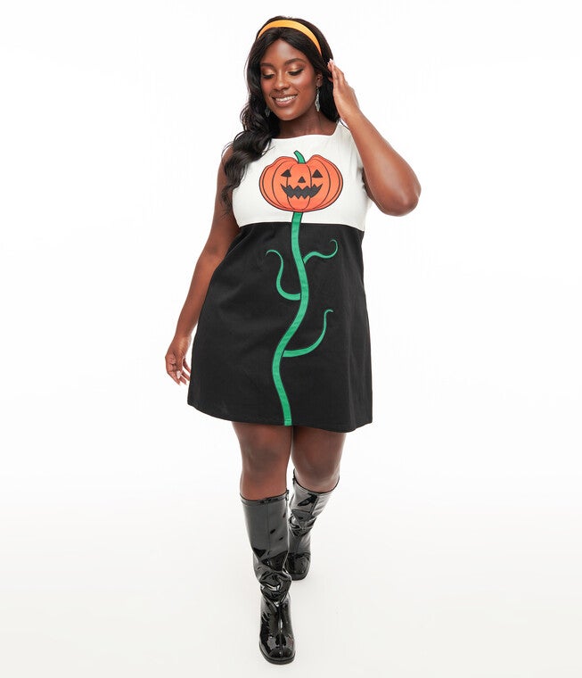1960s Black & Orange Pumpkin Pocket Shift Dress, Black White Pumpkin / Black, hi-res image number 0
