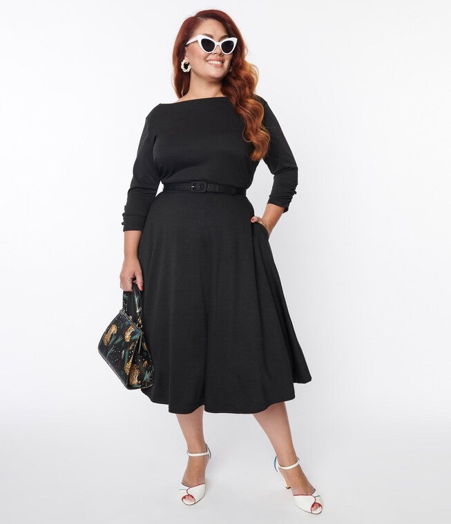 Unique Vintage Black Knit Devon Swing Dress, Black / Black, alternate image number 3