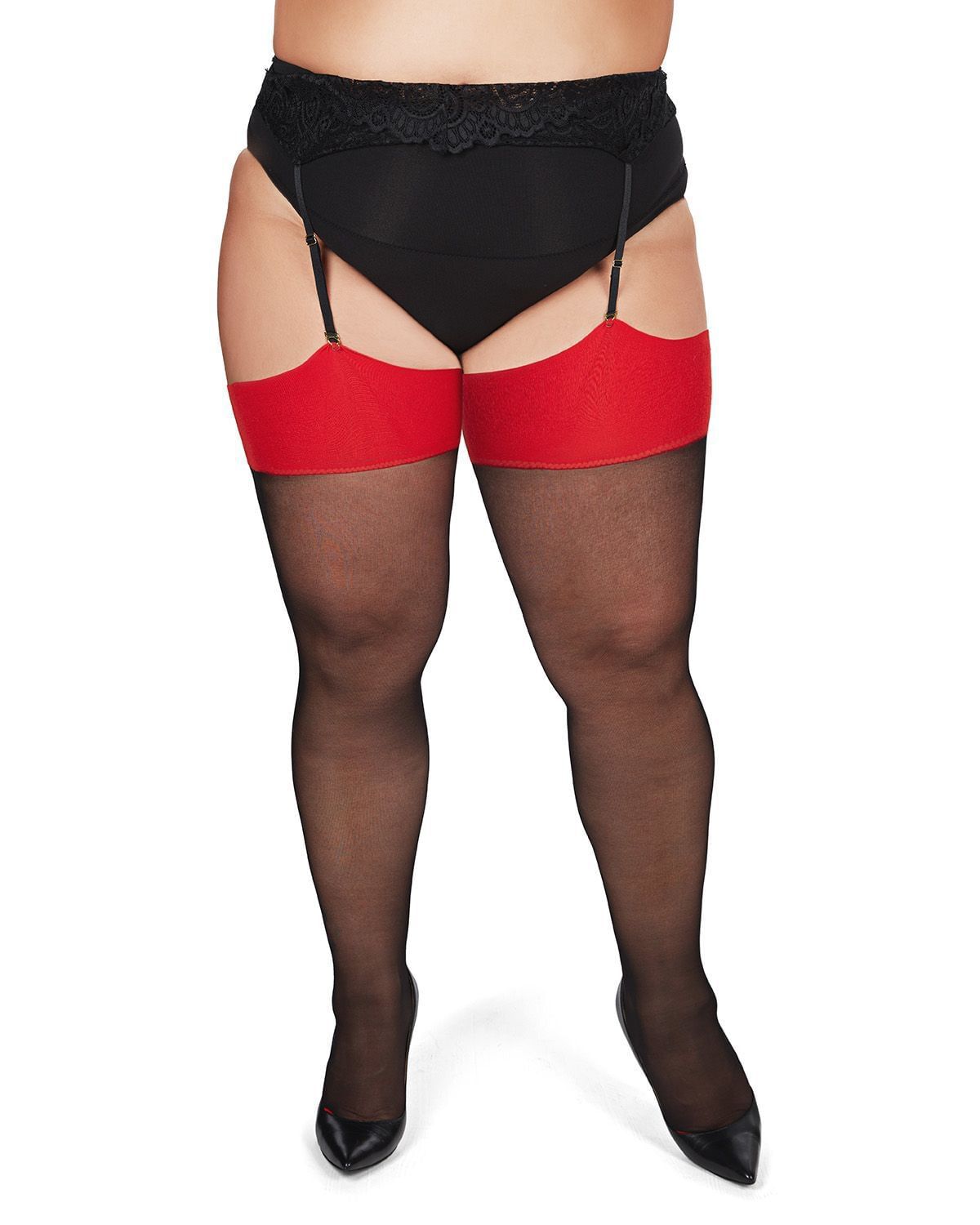 Back Seam/Cuban Heel Plus Size Curvy Thigh High Stocking, BlackRed / Red, alternate image number 1