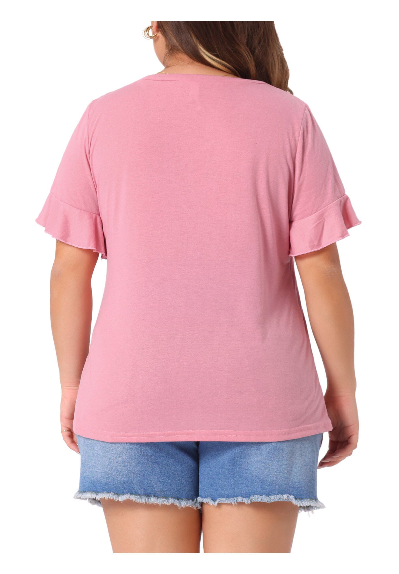 PLAIN CREW NECK RUFFLE SHORT SLEEVE TEE TOP, Pink / Pink, alternate image number 3