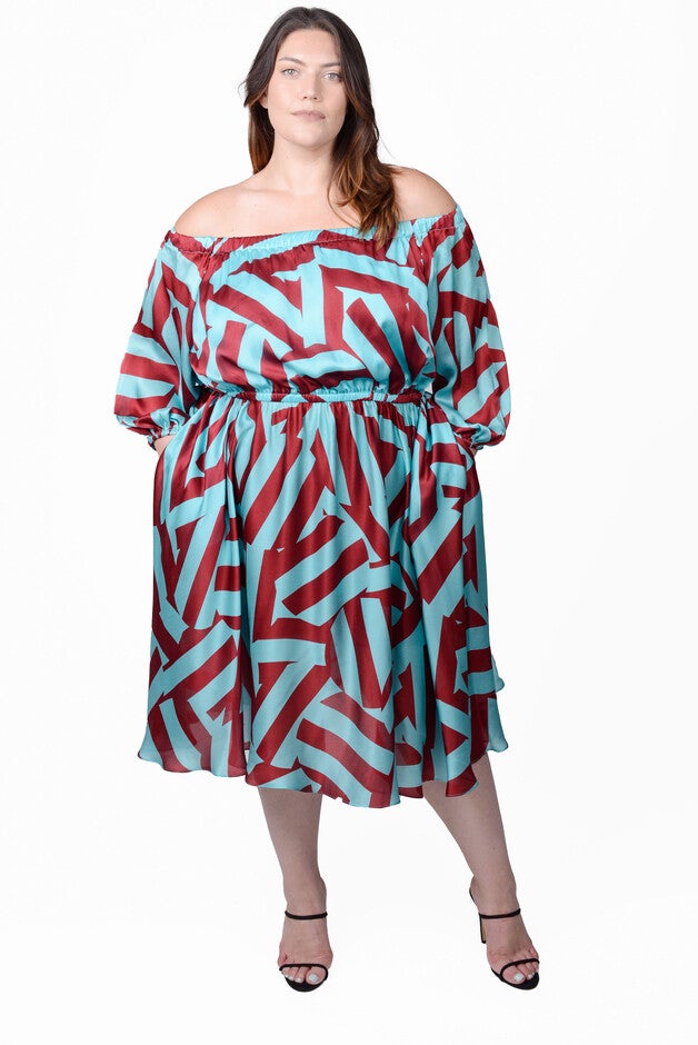Edwina Midi Off Shoulder Dress, Circle Stripes / Teal, alternate image number null