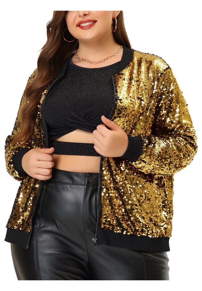METALLIC SEQUIN SPARKLE ZIP BOMBER JACKET, Gold / Gold, alternate image number 2