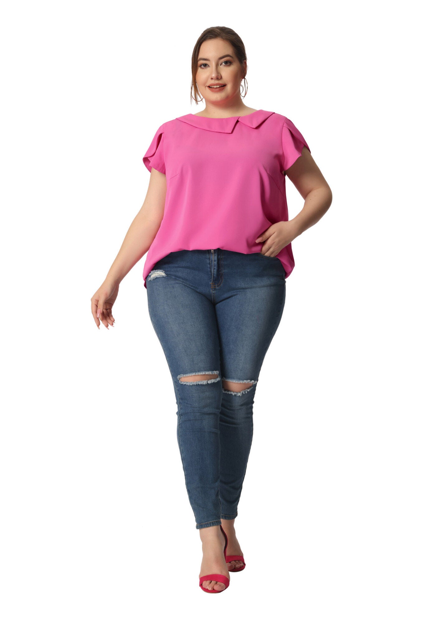 BOAT NECK FLUTTER SLEEVE CHIFFON TOP, Hot Pink / Pink, hi-res image number 0