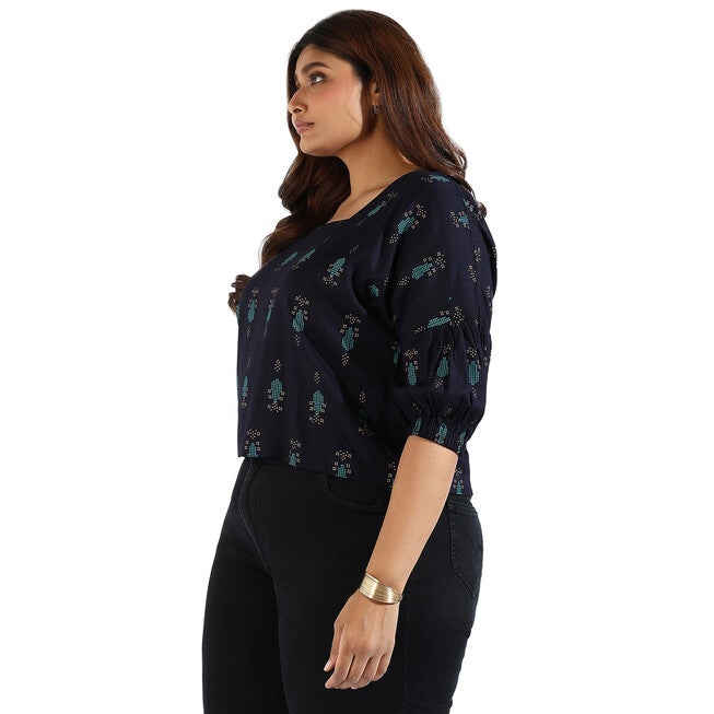 Women Floral Design Casual Tops, Navy / Navy, alternate image number 2