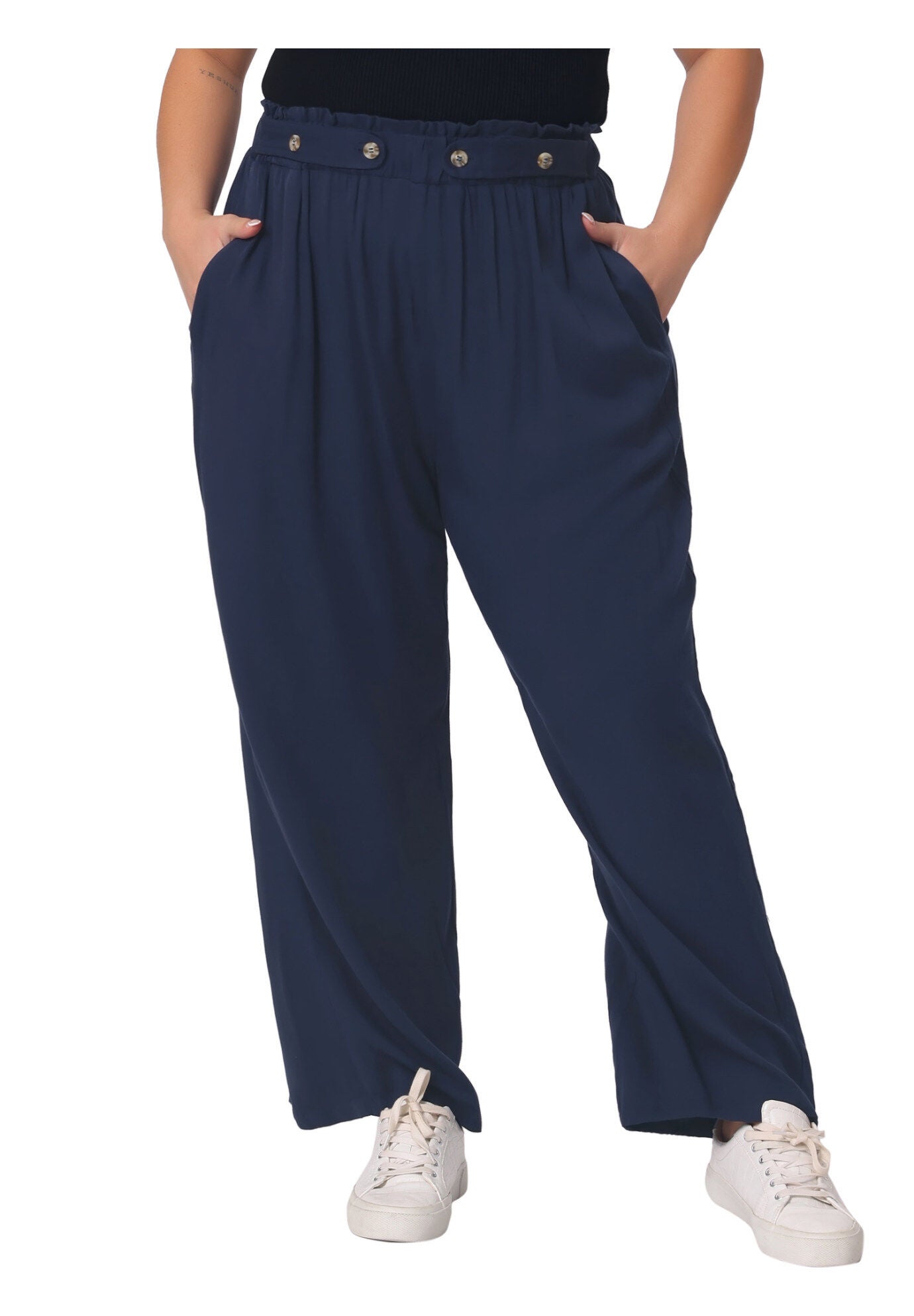 STRETCHY HIGH WAISTED WIDE LEG PALAZZO PANTS, Navy Blue / Navy, alternate image number 1