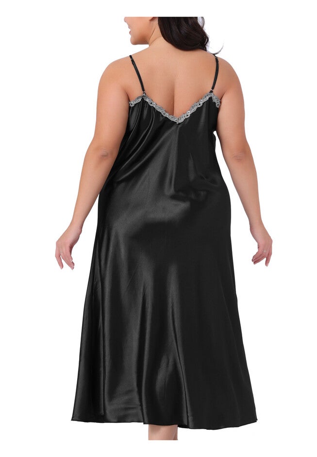 Satin Lingerie Slips Chemise Maxi Nightdress, Black / Black, alternate image number null