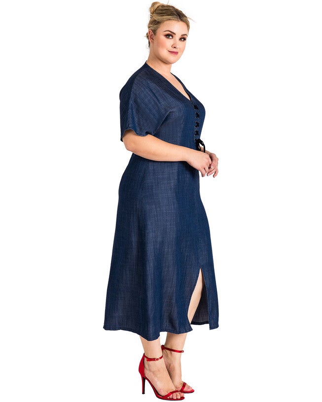 Plus Size Meme Lace-Up Tencel Denim Midi Dress, Blue / Dark Wash, alternate image number 2