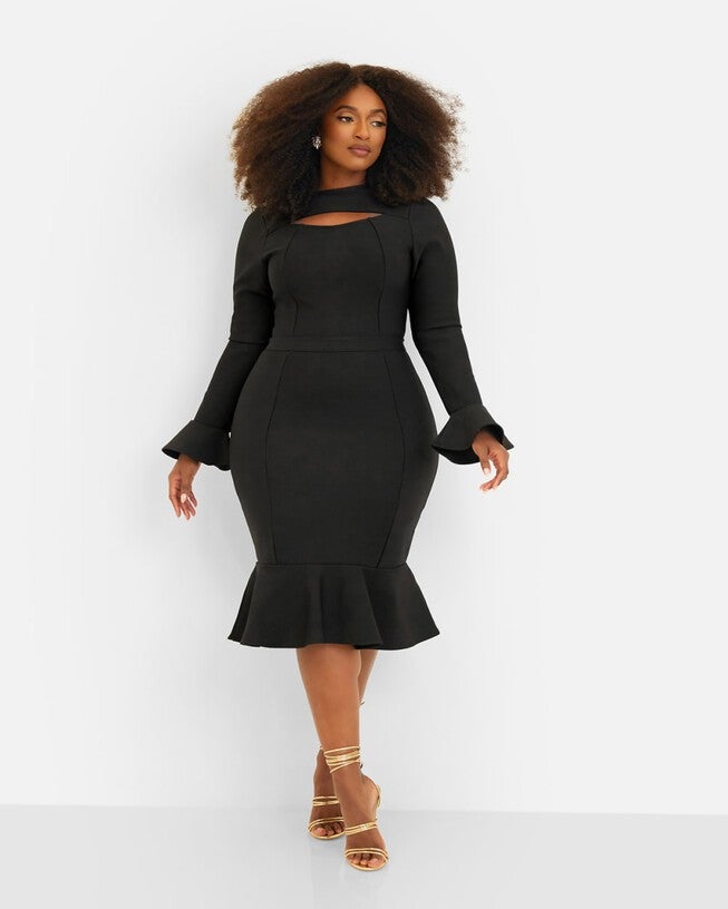 Amie Bandage Bell Sleeve Midi Bodycon Dress - Black, Black / Black, alternate image number 1