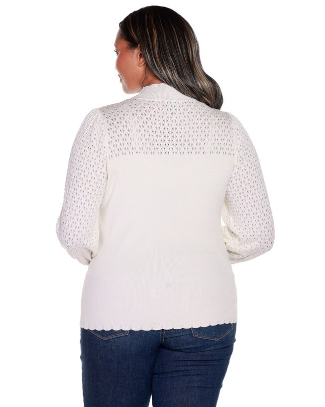 POINTELLE AND RHINESTONE DETAIL SWEATER, Winter White / Cream, alternate image number 1