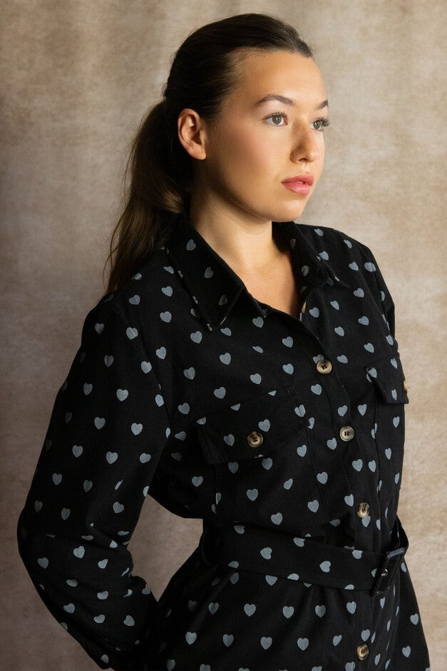 Annick - Stephanie Shirt Tunic- Mini Dress Corduroy Heart Print Belt, Black / Black, alternate image number 3