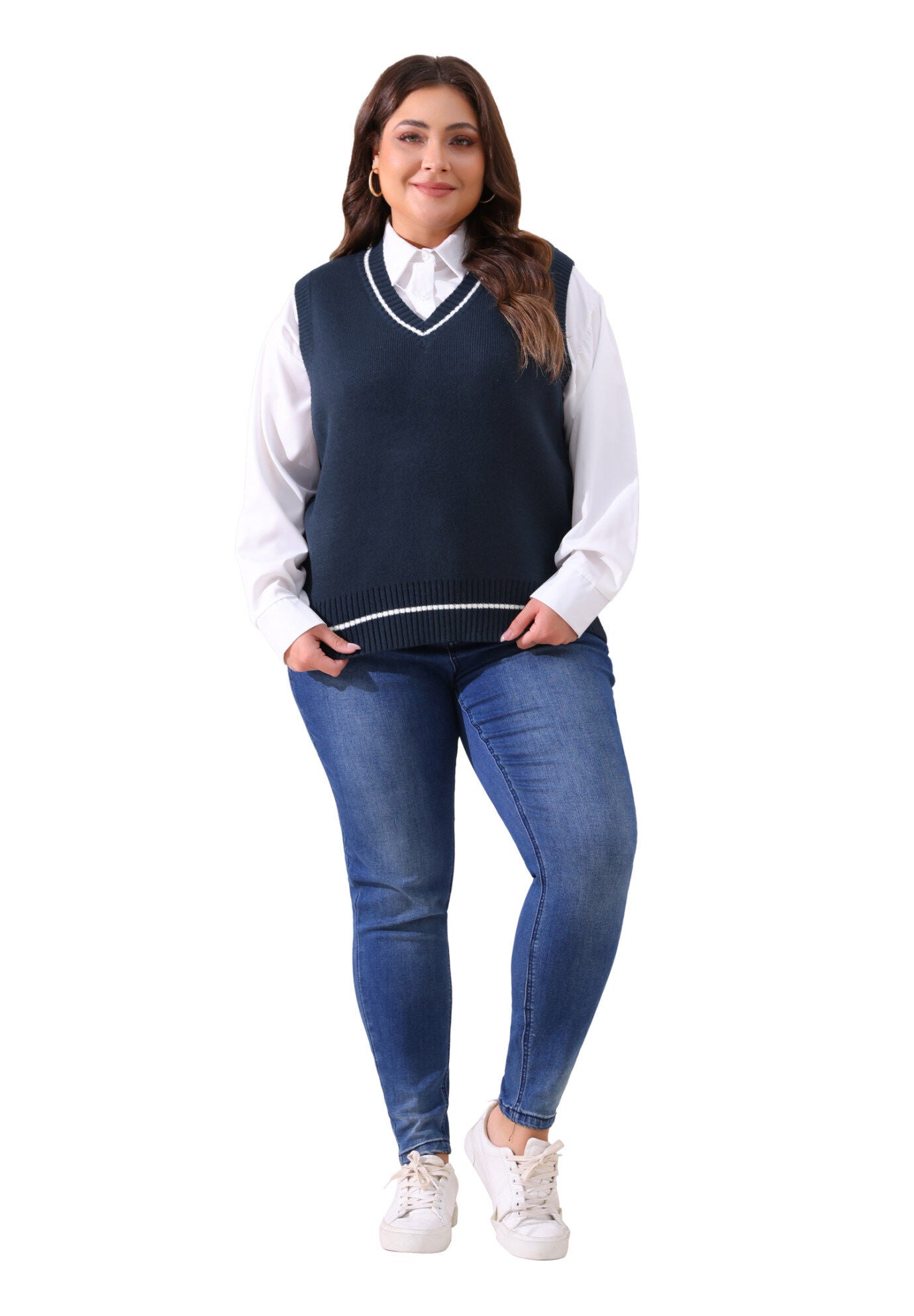 V Neck Stripe Cable Knit Pullover Sweater Vest, Navy Blue / Navy, hi-res image number 0