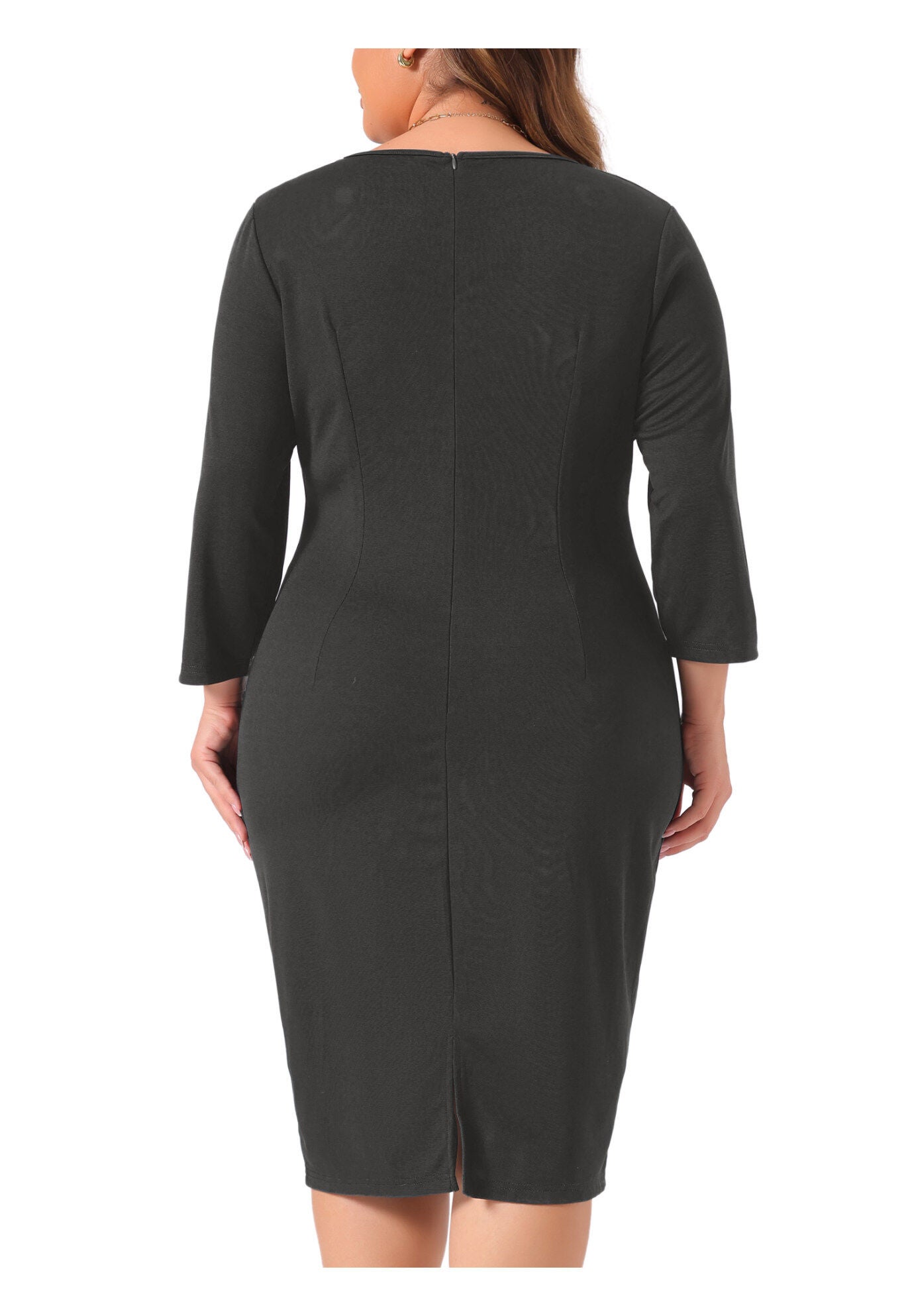 3/4 Sleeve Ruffle Midi Pencil Bodycon Cocktail Dress, Black / Black, alternate image number 3