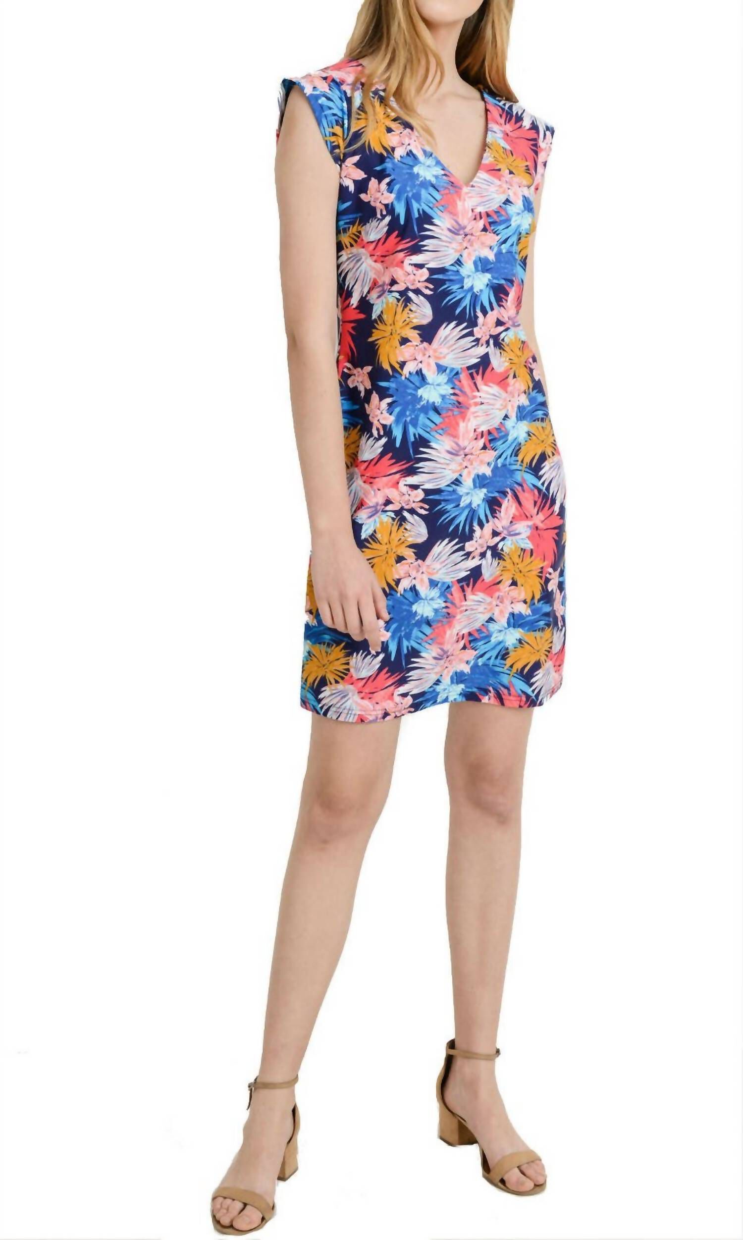 CAP SLEEVE FLORAL SHIFT DRESS IN NAVY/PINK FLORAL, NavyPink Floral / Navy, hi-res image number 0