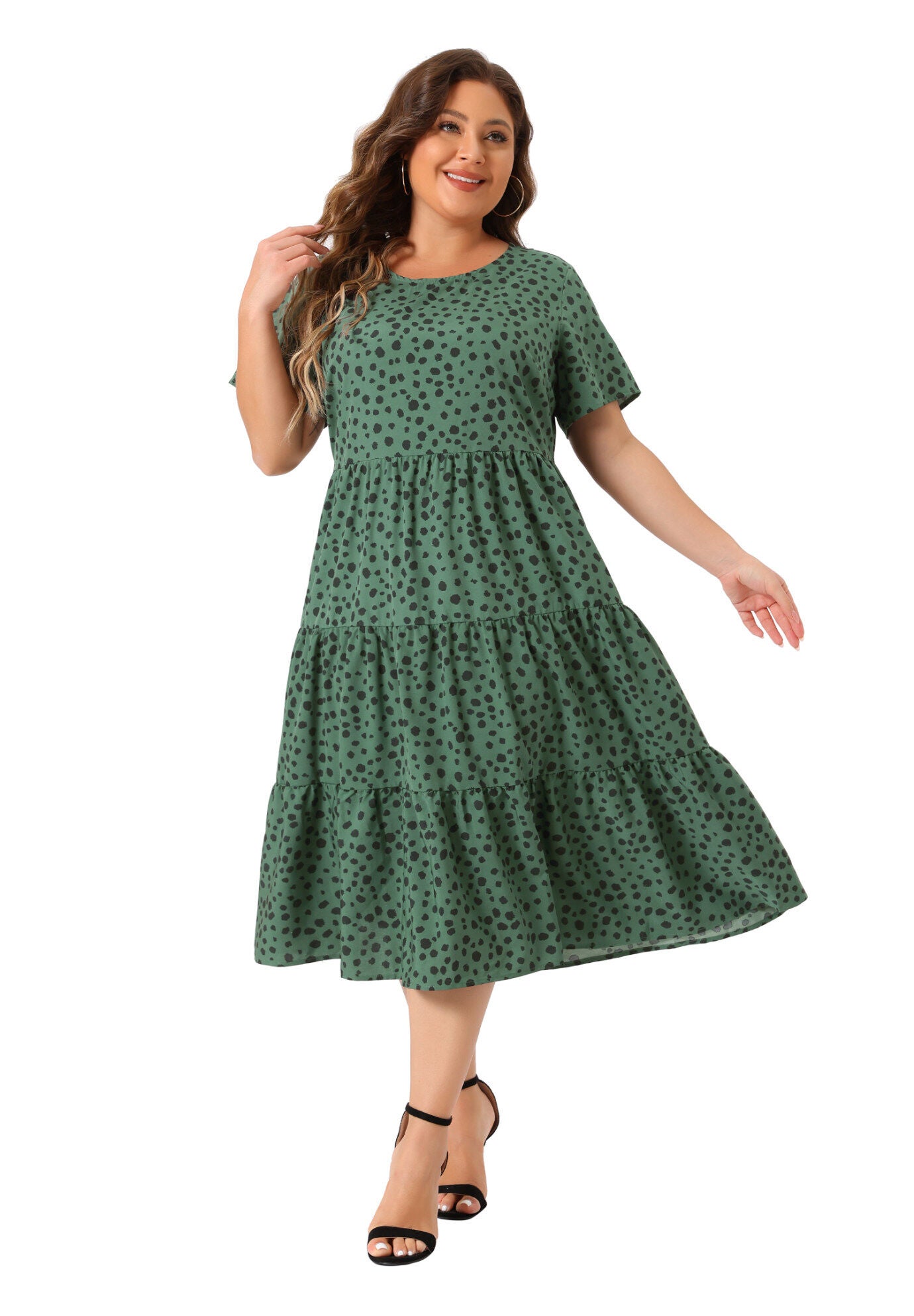 Polka Dots Short Sleeve Midi Layered Dress, Dark Green / Forest Green, hi-res image number 0
