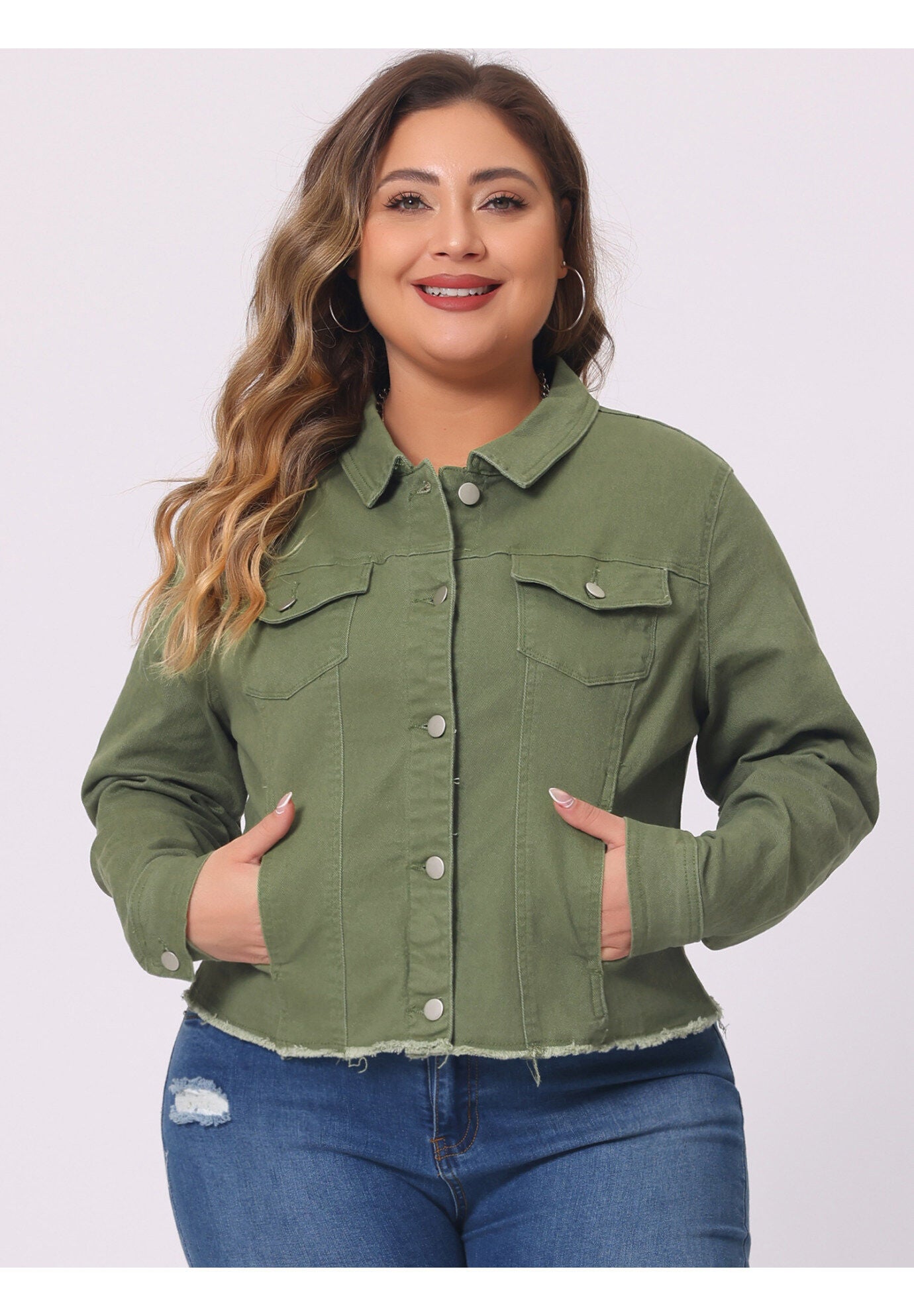 WASHED FRONT FRAYED DENIM JACKET, Green / Sage Green, alternate image number 1