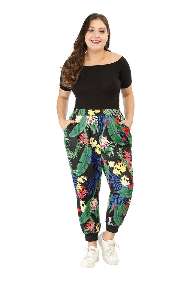 TROPICAL FLORAL HAREM JOGGER PANTS, Black / Black, alternate image number 2